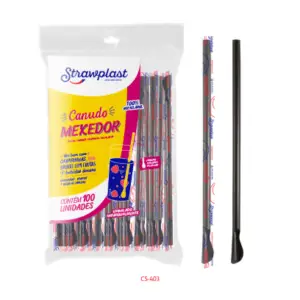 Canudo plástico mexedor sachê preto Strawplast CS-403 caixa com 2000 unidades