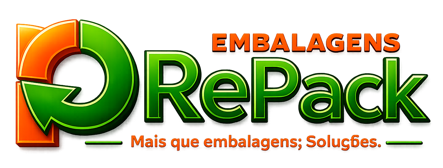 Logo Embalagens RePack com símbolo de reciclagem em verde e laranja e slogan Mais que embalagens Soluções