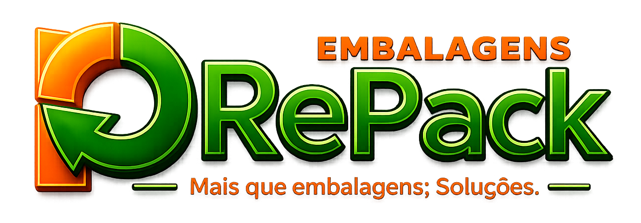 Logo da Embalagens Repack nas cores verde e laranja com símbolo circular e slogan “Mais que embalagens; Soluções.”