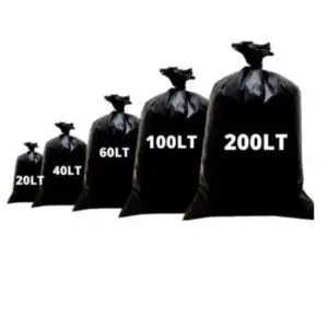 Linha de sacos de lixo pretos reforçados nas capacidades de 20 litros, 40 litros, 60 litros, 100 litros e 200 litros para descarte e coleta de resíduos.